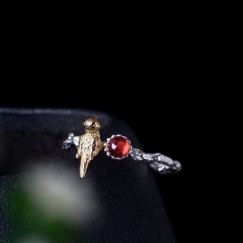 Golden Bird and Red Garnet Silver Ring