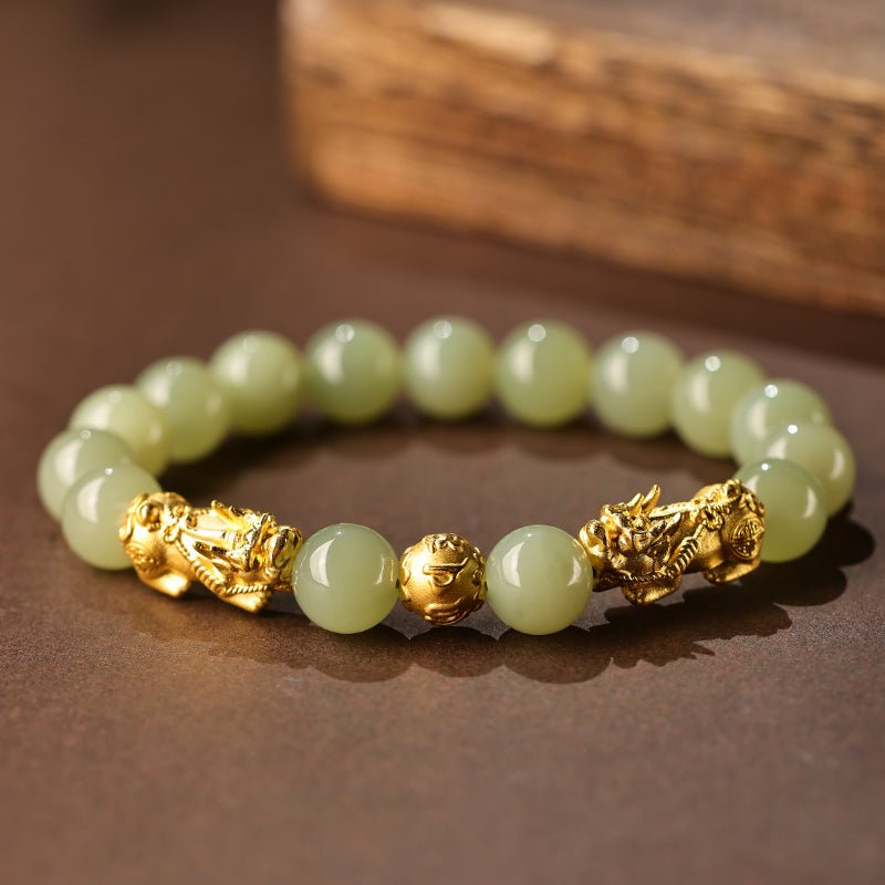 Golden Pixiu Green Jade Bracelet