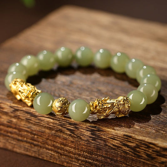 Golden Pixiu Green Jade Bracelet