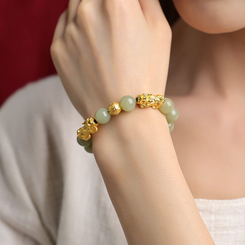 Golden Pixiu Green Jade Bracelet