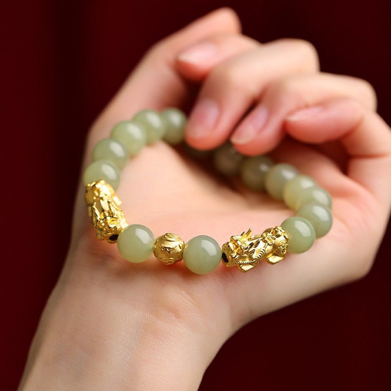 Golden Pixiu Green Jade Bracelet